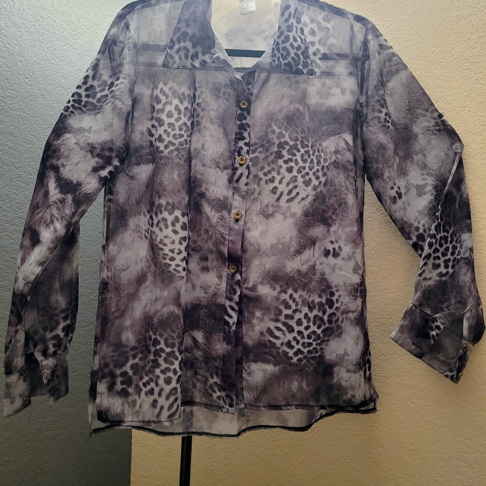 Black & White Sheer Animal Print Button-Up Blouse